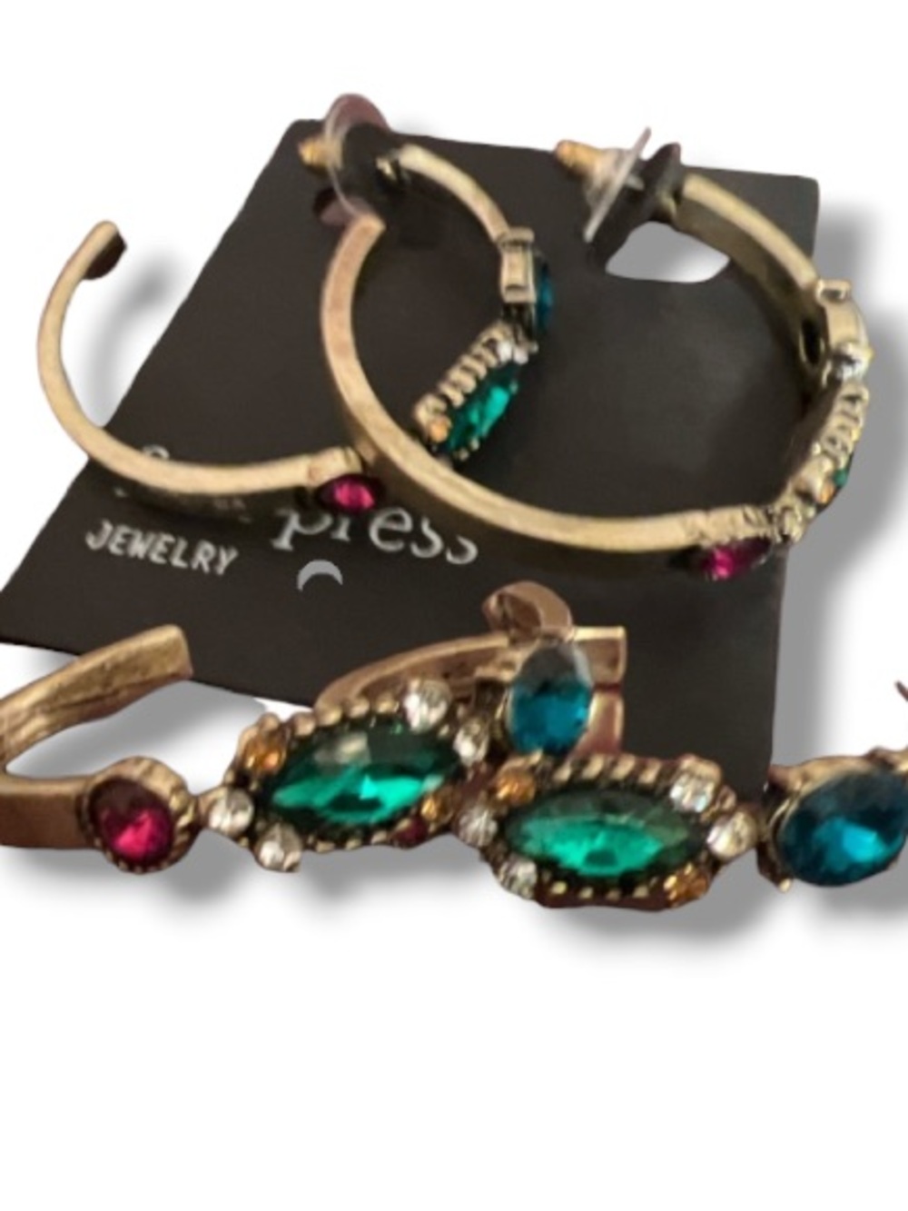 Free Press Women’s Gold w Colorful Gem Rhinestones Statement Hoop Earrings